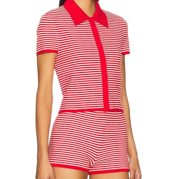 Lovers + Friends Red and White Striped Button Down Shirt And Short Set - Picture 1 of 6